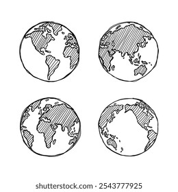 Quatro ilustrações de globo desenhadas à mão mostrando diferentes continentes e oceanos. Cada globo tem um padrão e perspectiva únicos, enfatizando a geografia da Terra.