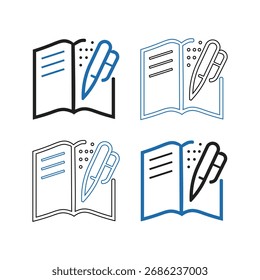 Four hand-drawn icon variations of an open book with a pen, representing writing, education, and knowledge.