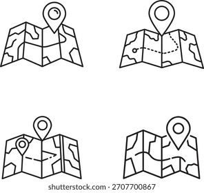 Vier handgezeichnete Symbole von gefalteten Karten mit Positionsstiften, die Navigation, Reisen und Entdeckung darstellen. Einfacher Linienstil.