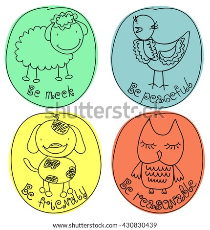 four hand-drawn illustrations of animals and inscriptions Be friendly, be peaceful, Be meek, Be reasonable