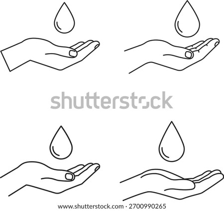 Four hand-drawn illustrations of cupped hands catching a falling water droplet, symbolizing care, hygiene, and purity.
