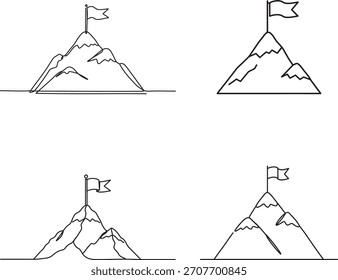 Quatro ilustrações desenhadas à mão de picos de montanha, cada uma coberta com uma bandeira, simbolizando a realização e o sucesso.