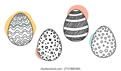 Cuatro bocetos dibujados a mano de huevos de Pascua con varios patrones como rayas y puntos en círculos de fondo de colores suaves.
