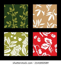 Four handmade linocut seamless patterns collection with leaves and nature elements