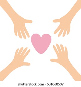 Four Hands arms reaching to big pink heart shape sign. Helping hand. Close up body part. Happy Valentines day. Greeting card. Flat design. Find love concept White background. Isolated. Vector