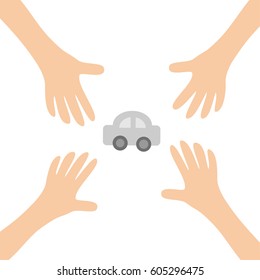 Four Hands arms reaching to cartoon auto car automobile sign symbol. Taking hand. Close up body part. Business card. Flat design. Wealth concept. White background. Isolated. Vector illustration