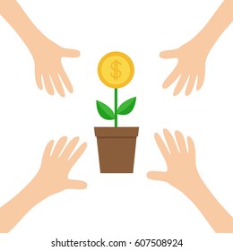 Four Hands arms reaching to Growing money tree big coin with dollar sign Plant in the pot. Financial growth concept. Successful business icon. Flat design. White background. Isolated. Vector