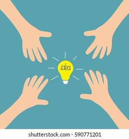 Four Hands arms reaching to idea light bulb sign symbol. Taking hand. Close up body part. Business card. Flat design. Wealth concept. Blue background. Isolated. Vector illustration
