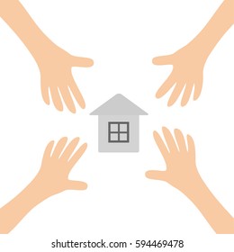 Four Hands arms reaching to paper house home sign symbol. Taking hand. Close up body part. Business card. Flat design. Wealth concept. White background. Isolated. Vector illustration