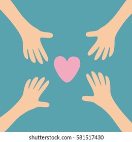 Four Hands arms reaching to pink heart shape sign. Helping hand. Close up body part. Happy Valentines day. Greeting card. Flat design. Find love concept Blue background. Isolated. Vector illustration
