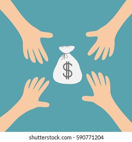 Four Hands arms reaching to pink heart shape sign. Helping hand. Close up body part. Happy Valentines day. Greeting card. Flat design. Find love concept Blue background. Isolated. Vector illustration