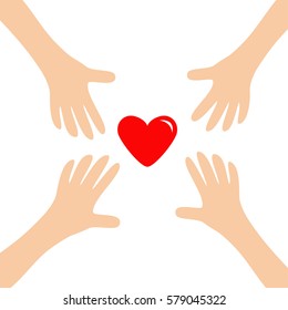 Four Hands arms reaching to red shining heart shape sign. Helping hand. Close up body part. Happy Valentines day. 