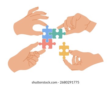 Four hands assembling colorful puzzle pieces together. Concept of teamwork, cooperation, unity, problem solving, strategy, partnership, collaboration, and creative business solution.