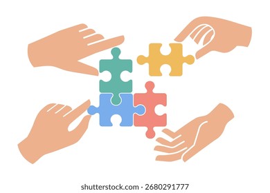 Quatro mãos montando peças coloridas do quebra-cabeça juntos. Conceito de trabalho em equipe, cooperação, unidade, solução de problemas, estratégia, parceria, colaboração e solução de negócios criativa.