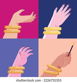 cuatro manos con iconos de pulsera
