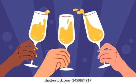 Four hands clinking champagne flutes with splashing liquid, on a dark blue background, concept of celebration. Flat vector illustration