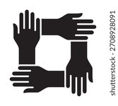 Four hands come together icon. Teamwork and cooperation icon. Icon symbol for community, charity, group, family, volunteer, solidarity, togetherness, contribute, participant. Vector illustration