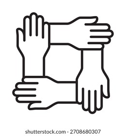 Four hands come together icon. Teamwork and cooperation icon. Icon symbol for community, charity, group, family, volunteer, solidarity, togetherness, contribute, participant. Vector illustration