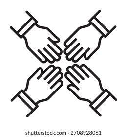 Four hands come together icon. Teamwork and cooperation icon. Icon symbol for community, charity, group, family, volunteer, solidarity, togetherness, contribute, participant. Vector illustration