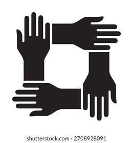 Ícone de quatro mãos juntas. Ícone Trabalho em equipe e cooperação. Símbolo de ícone para comunidade, caridade, grupo, família, voluntário, solidariedade, juntos, contribuir, participante. Ilustração vetorial