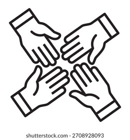 Four hands come together icon. Teamwork and cooperation icon. Icon symbol for community, charity, group, family, volunteer, solidarity, togetherness, contribute, participant. Vector illustration