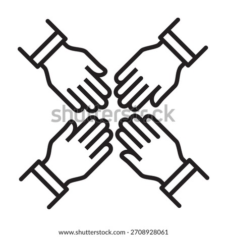 Four hands come together icon. Teamwork and cooperation icon. Icon symbol for community, charity, group, family, volunteer, solidarity, togetherness, contribute, participant. Vector illustration