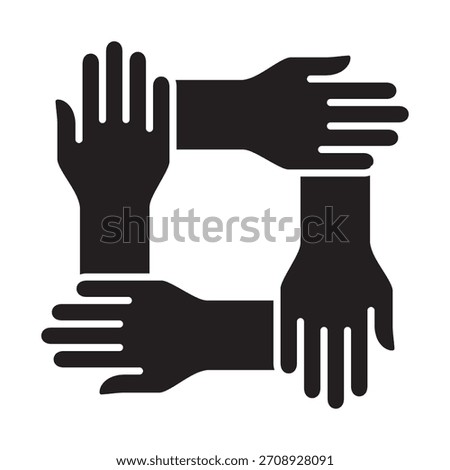 Four hands come together icon. Teamwork and cooperation icon. Icon symbol for community, charity, group, family, volunteer, solidarity, togetherness, contribute, participant. Vector illustration