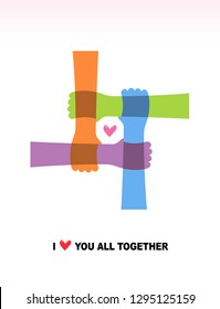Four hands are connected, and there are hearts in the middle. I love you all together. Concept