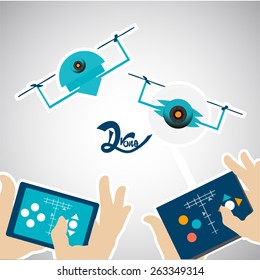 four hands controlling two blue drones
