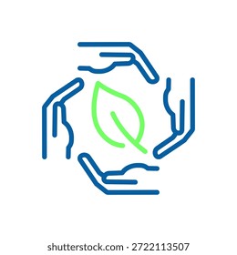 Cuatro manos creando un círculo protector alrededor de una sola hoja verde, simbolizando el cuidado de la naturaleza, la protección del medio ambiente y la Asistencia comunitaria. Icono de línea delgada, trazo editable
