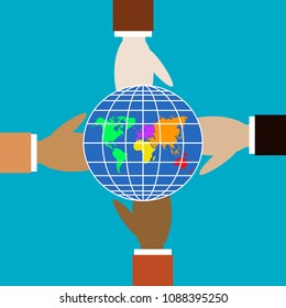 Four hands of different colors hold the globe. Friendship symbol. Trendy flat symbol concept of teamwork, success, business, equality. Vector illustration for catalogs, information, travel, web, etc.