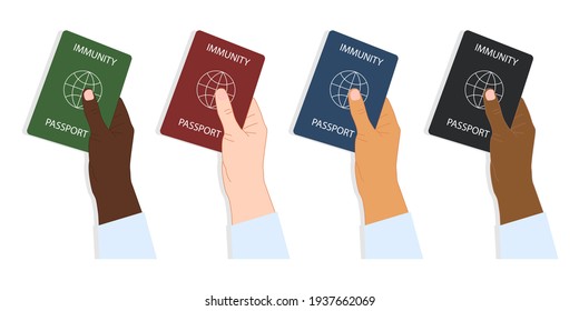 Four hands of different nationalities holding multicolored collections of immune passports. Vaccination, negative result of coronavirus, vaccination document. Flat style. Vector