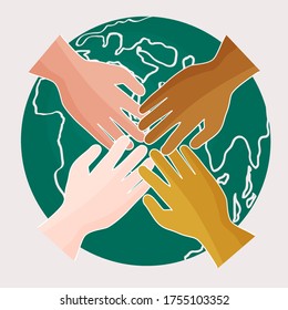 Four Hands Of Different Skin Colors Holding Together In Front Of The Earth Globe - Symbol Of Human Rights And Cultural Diversion, Equality For All Races And Multicultural Friendship. Vector Image