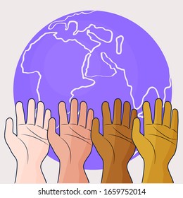 Four hands of different skin tones in front of the Earth globe - symbol of globalization, human rights and multi cultural diversity. Vector illustration in flat style
