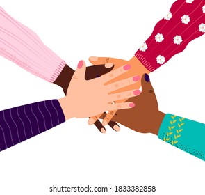 Four hands of diverse human group are putting together. Support,  cooperation, togetherness concept vector for banner, web, app. Greeting of unity, consolidation. successful teamwork or partnership.