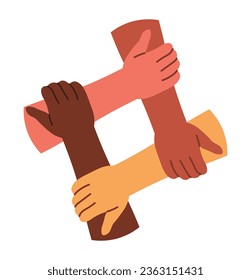 Four hands of diverse people holding one another and forming square shape. Isolated icon of gesture, showing support and unity, assistance and help to community. Vector in flat style illustration