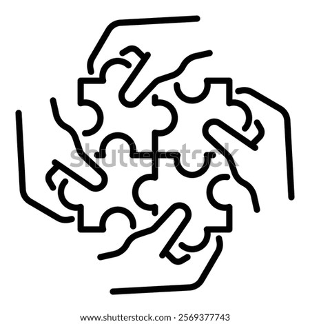 Four hands each holding a puzzle piece, coming together to form a complete whole, symbolizing teamwork, collaboration, and unity round line vector icon with editable stroke 