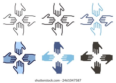 Four hands facing eachother with open palms icon. Vector graphic element for collaboration, working together, teamwork, partnership and unity