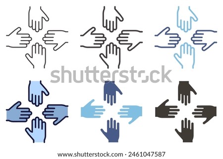 Four hands facing eachother with open palms icon. Vector graphic element for collaboration, working together, teamwork, partnership and unity
