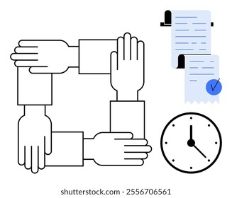 Four hands form a square, symbolizing teamwork. Accompanying are two documents with check marks and a clock. Ideal for business cooperation, time management, project planning, deadlines