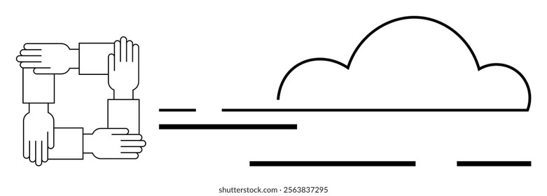 Four hands form a square, symbolizing unity and teamwork. Lines connect to a cloud, representing cloud-based solutions and collaboration. Ideal for teamwork, cloud computing, business strategies