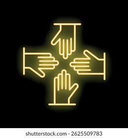 Four hands forming a cross, joining together in a neon sign style