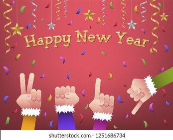 Four hands forming number 2019 in colorful suits to celebrate Happy New Year with hanging gold, silver ribbon, stars and colorful confetti on red background