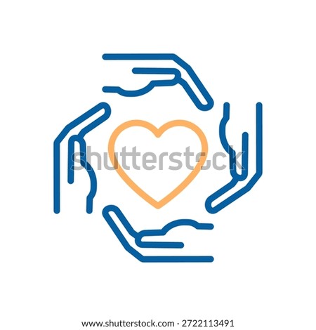 Four hands forming a protective square around a heart icon representing concepts of care, support, community, and health. Thin line icon editable stroke