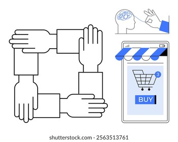 Four hands forming a square unity, a brain illuminated by an okay gesture, and an online shopping app with a cart. Ideal for teamwork, creativity, online shopping, digital economy, and technology