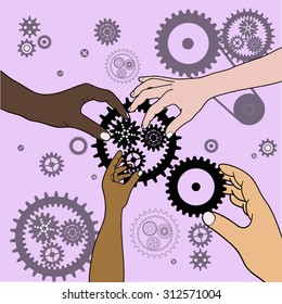 Four Hands with gears collect one planetary gear, teamwork, on a pink background with gears, vector