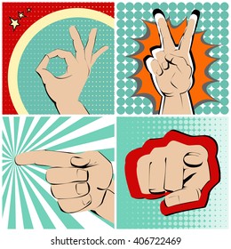 Four hands gestures on bright and colourful background.