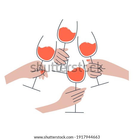 Four hands with glasses of red wine. Vector illustration on a white background.