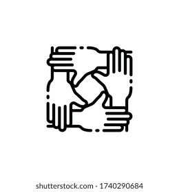 Four hands, Handshake in circle outline icons. Vector illustration. Editable stroke. Isolated icon suitable for web, infographics, interface and apps.
