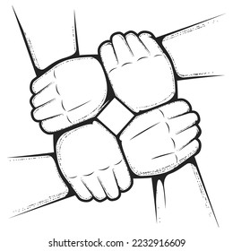Four hands hold each other by wrist, join hands together, teamwork and friendship concept, vector